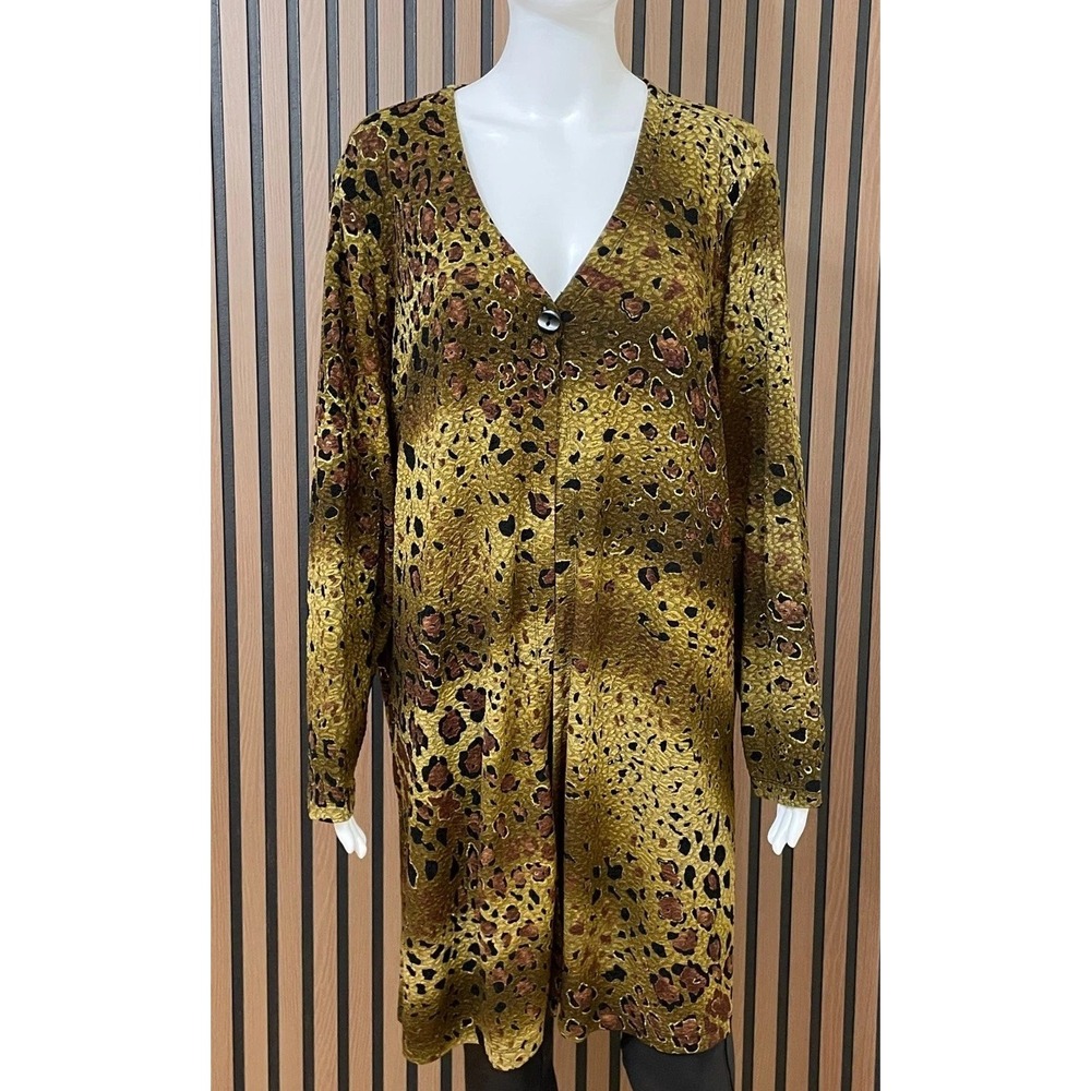 Laura Ashley Women's 2X Golden‎ Animal Print Duster Cardigan Sweater Jacket Knit